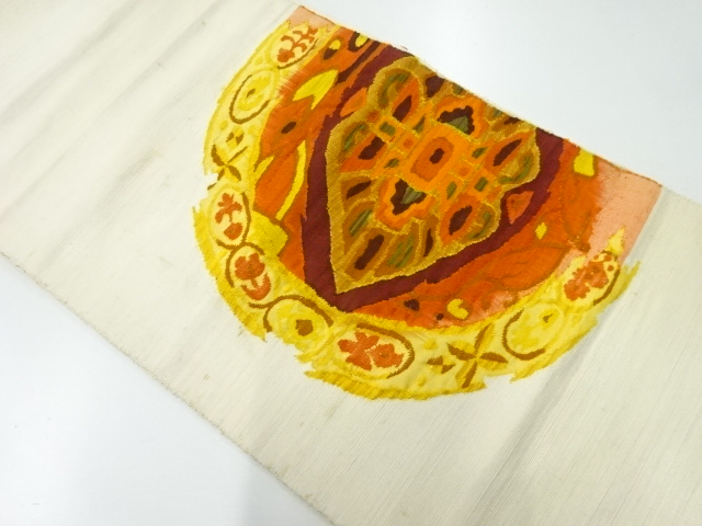 アンティーク　手織り紬割れ絵皿に抽象草花模様織出し名古屋帯